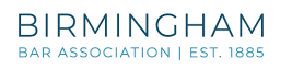 Birmingham Bar Association logo. Blue text on white background. Est. 1885.