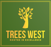 A logo for trees west shows a hand holding a tree with leaves.