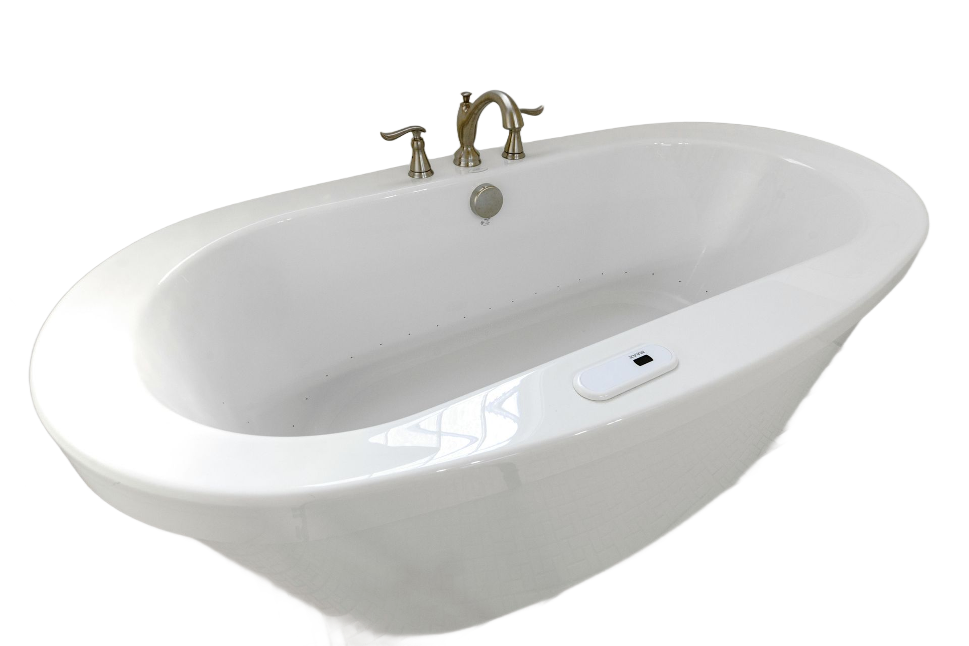 A white, oval freestanding bathtub with a polished metal faucet fixture mounted on the rim, set against a white background.