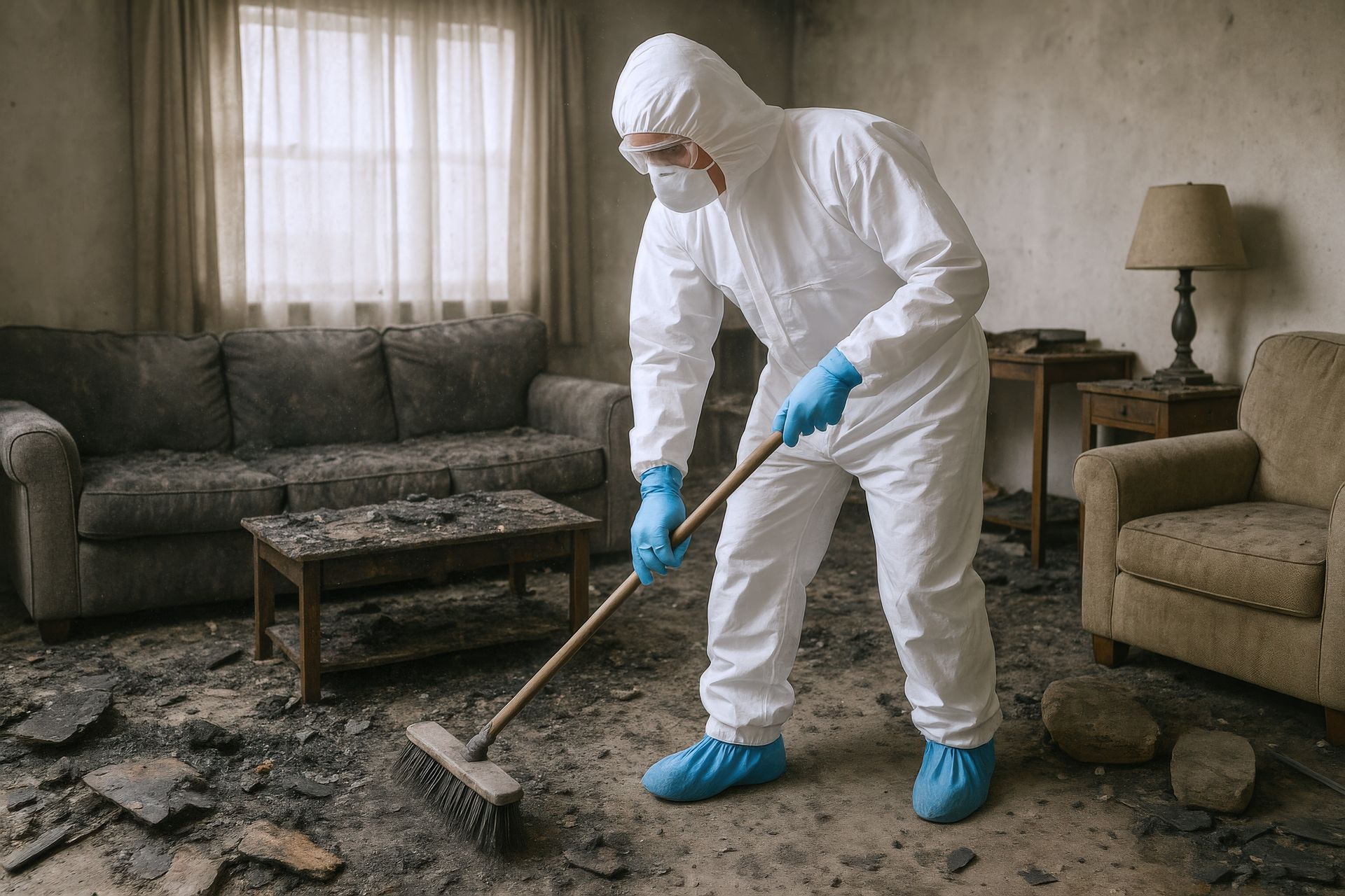 Worker in protective suit cleaning debris in a fire-damaged living room.