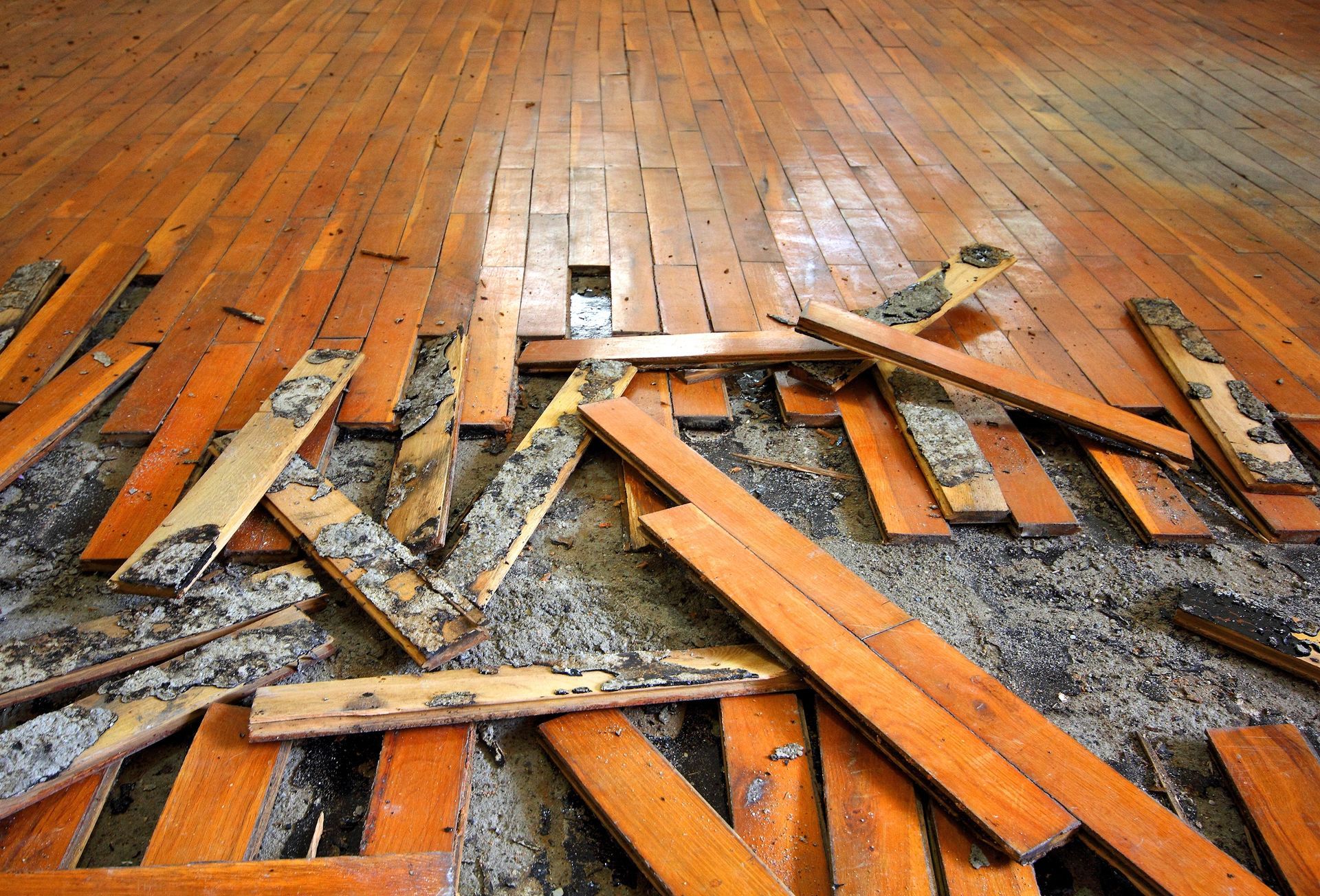 Wooden floor planks torn up and scattered.