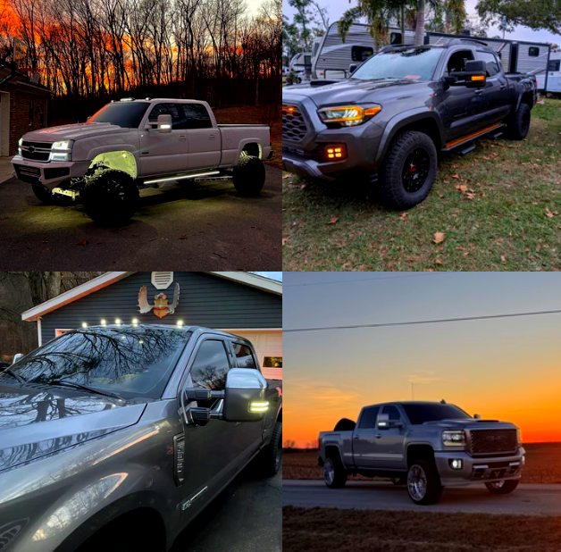 Four trucks in various settings: sunset, parked, near a house. Varying colors, styles, and modifications.