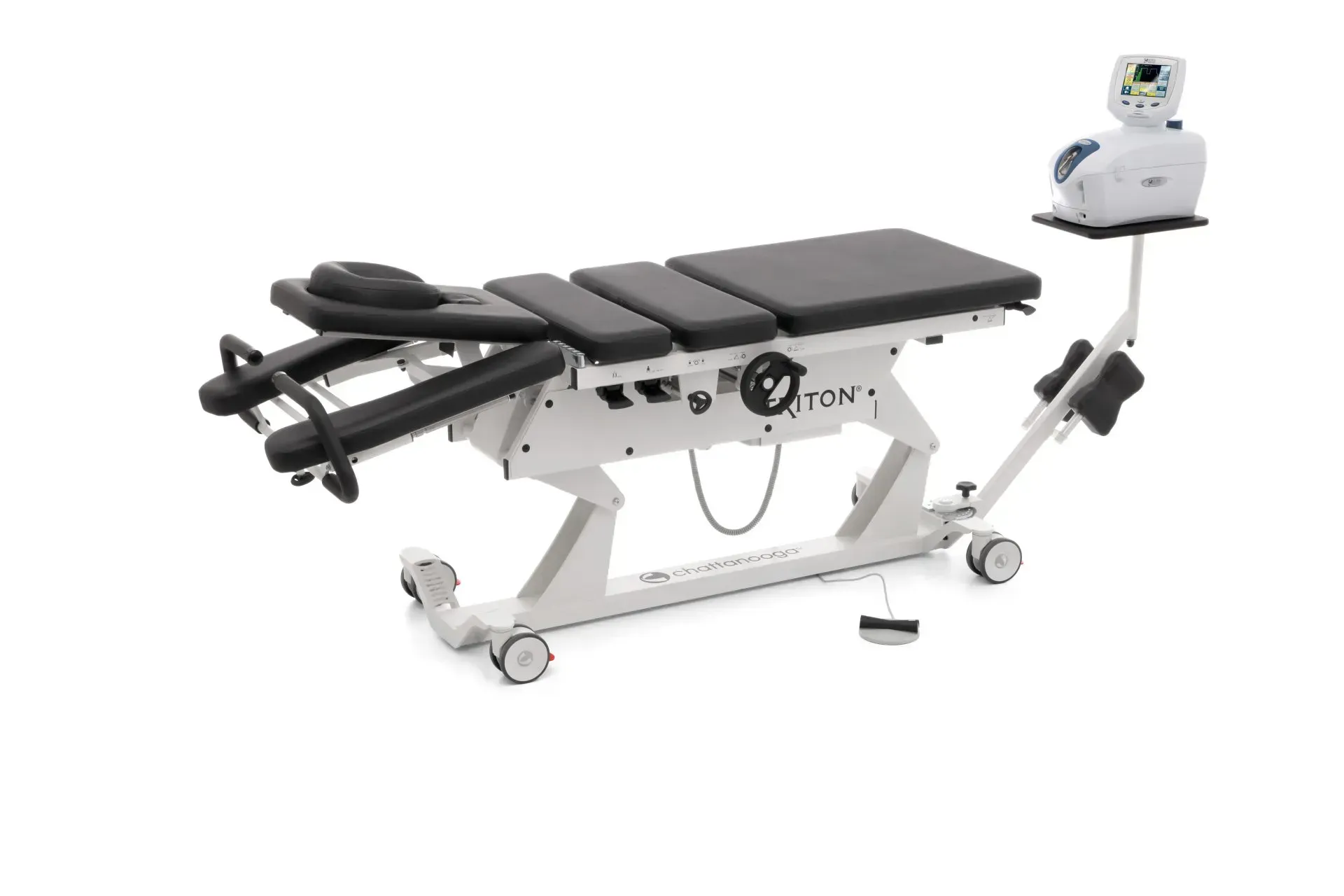 A white and black massage table with wheels on a white background.