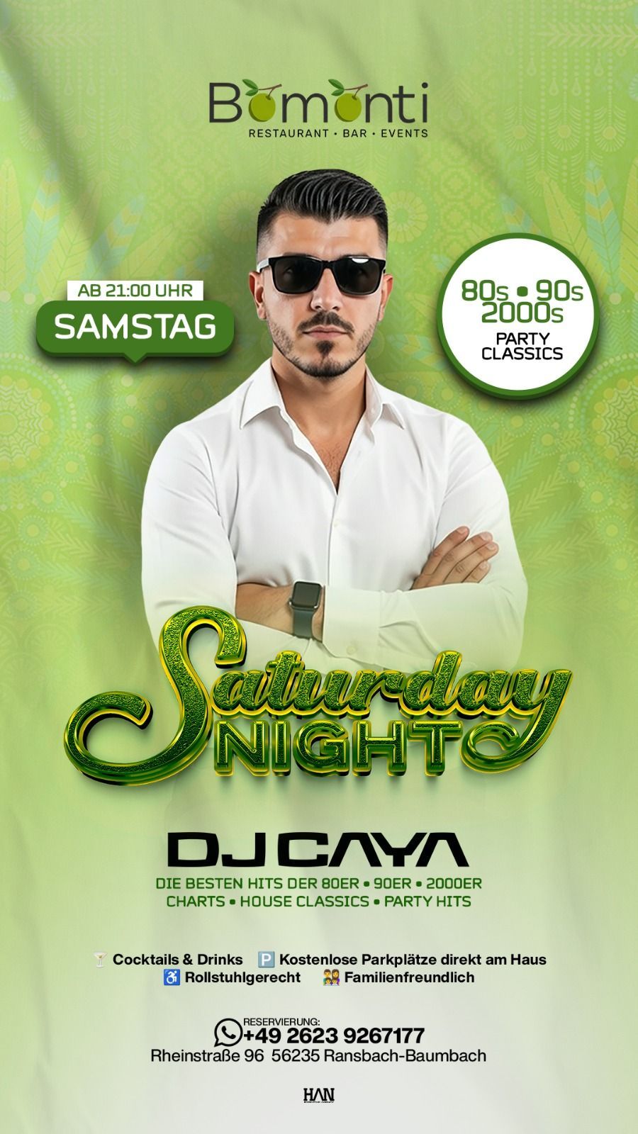 Grünes Werbeplakat für DJ CAYA mit einem Mann mit Sonnenbrille, Veranstaltungsdetails und stilisiertem Text.