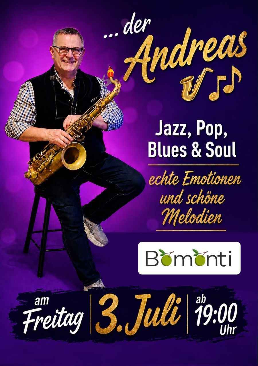 Saxophonist Andreas on purple concert poster, with jazz, pop, blues and soul text, Friday 3 July at 19:00.