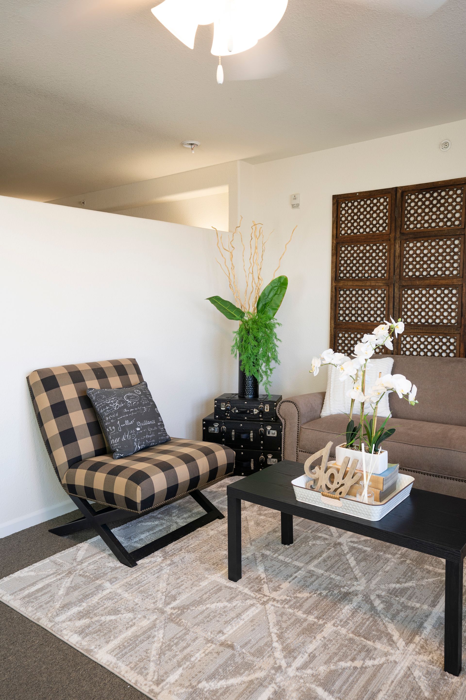 pretty room with white walls and nice furniture