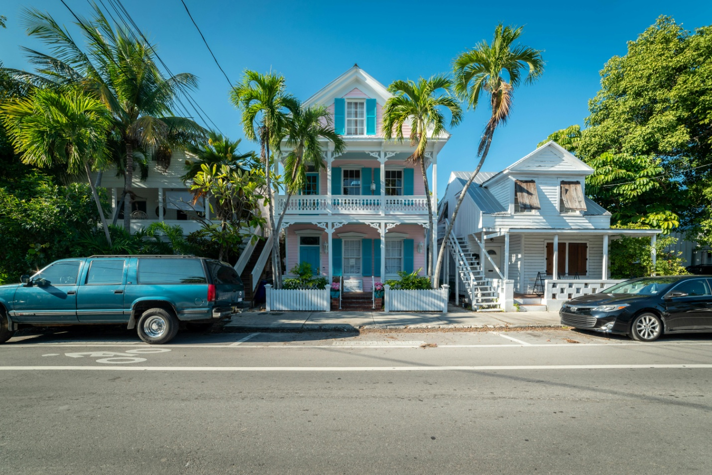a blue and pink house surrounded by tropical trees