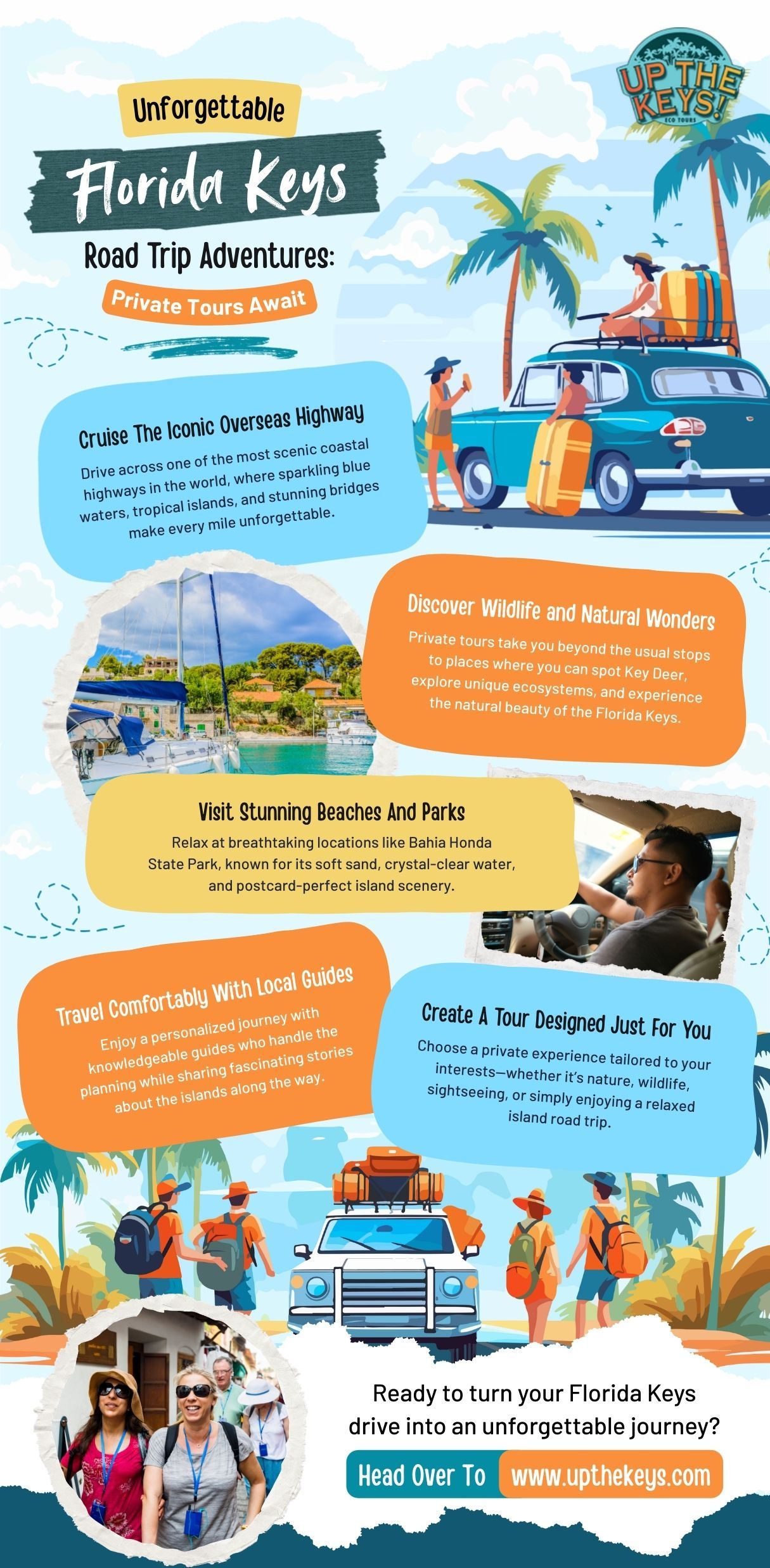 Florida Keys road trip adventures featuring private tours along the Overseas Highway, scenic island views, wildlife encounters, and stops at beautiful parks and beaches like Bahia Honda State Park. Personalized guided tours showcase the natural beauty and culture of the Florida Keys.