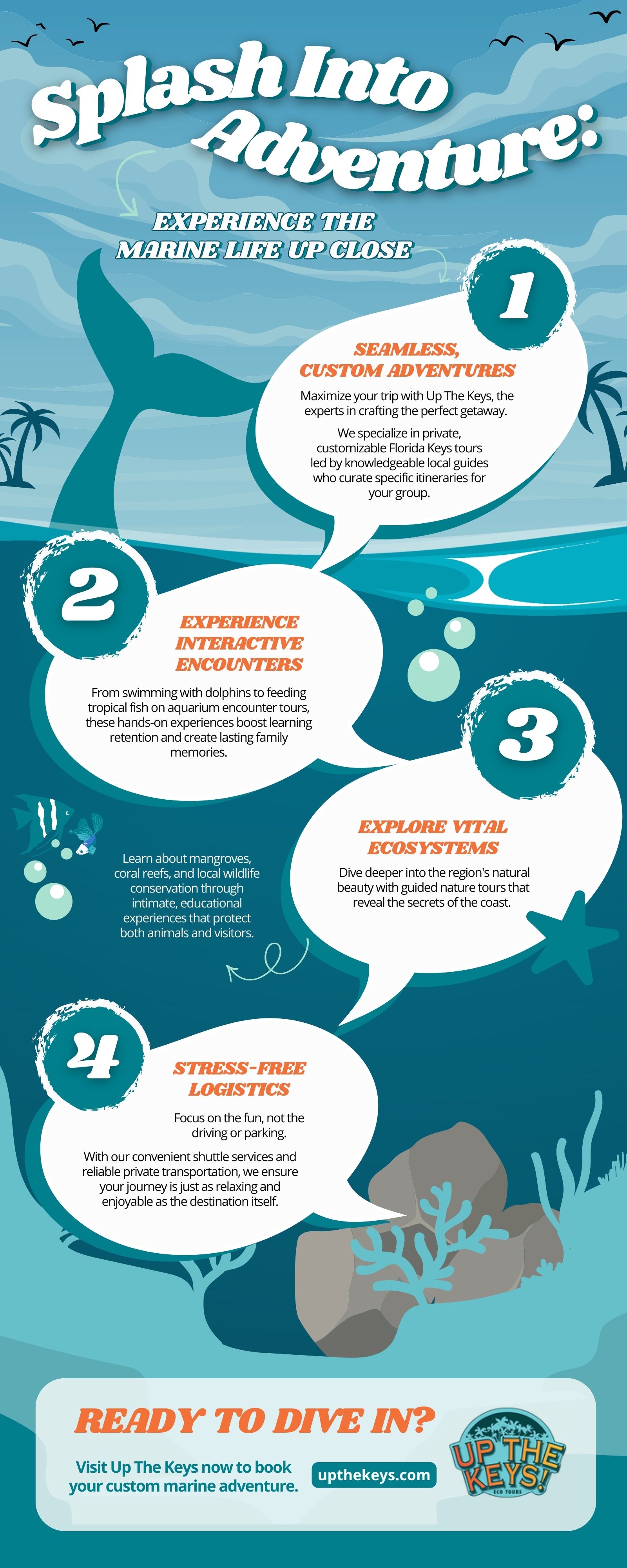 4 reasons to choose Up The Keys—custom tours, interactive encounters, exploring ecosystems, stress-free logistics; whale tail and underwater scene.