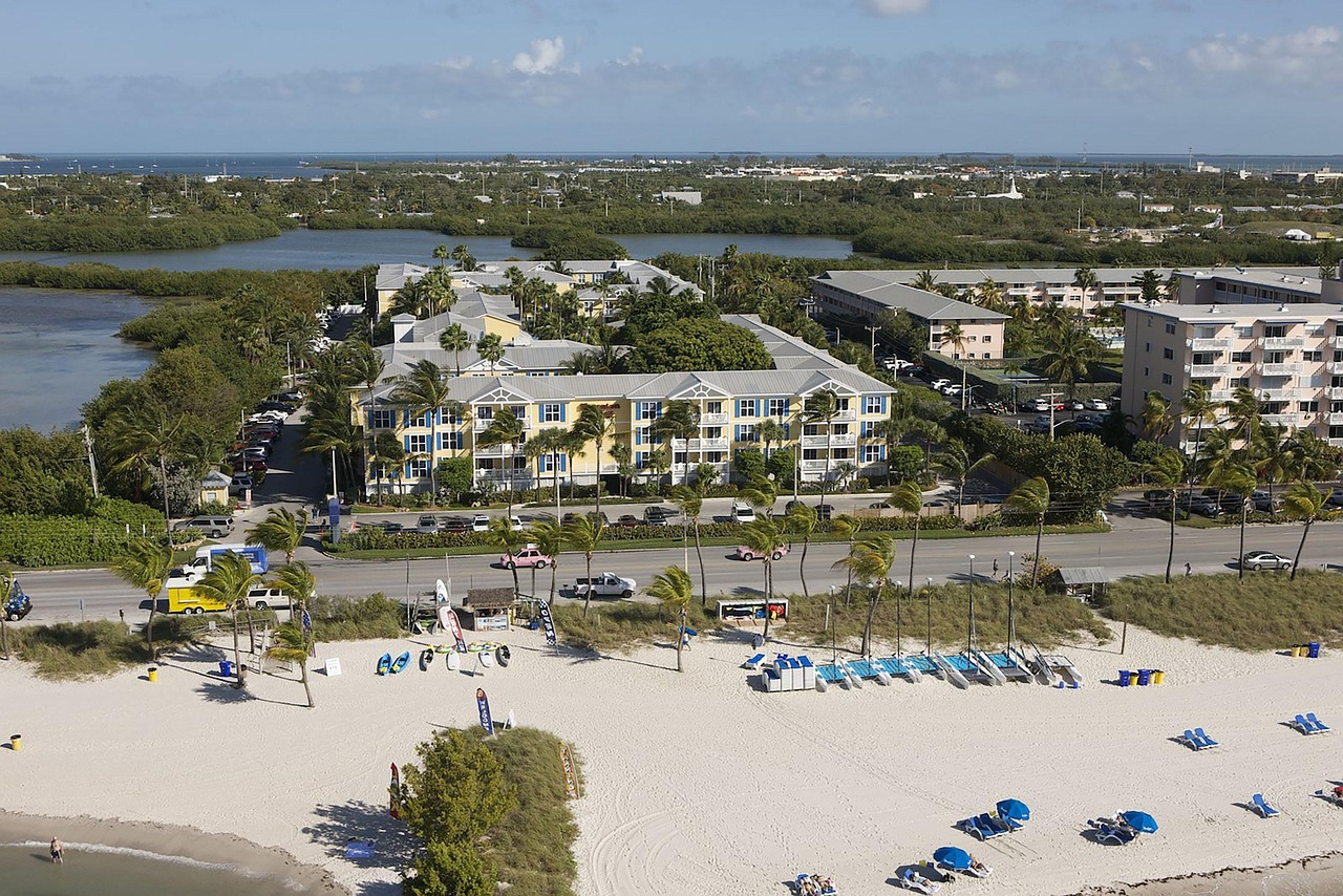view of the beach and buildings in the Keys