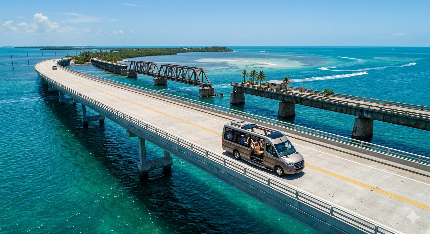 Private Florida Keys road trip tour across Seven Mile Bridge with Up The Keys luxury van at sunset.