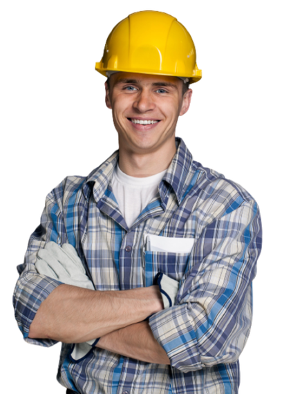 A man wearing a hard hat and plaid shirt with his arms crossed