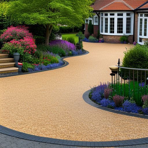 A resin driveway leading to a house in Essex surrounded by flowers and bushes. Installed by Essex Resin driveways