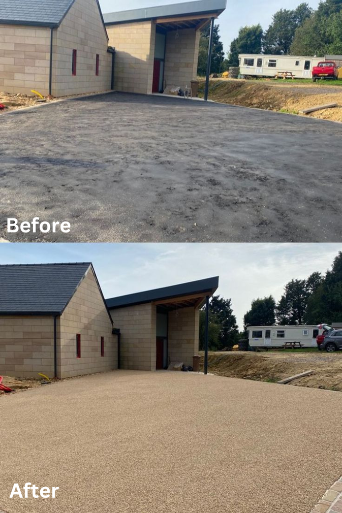 A before and after picture of a resin driveway in front of a house. Installed by Essex Resin driveways