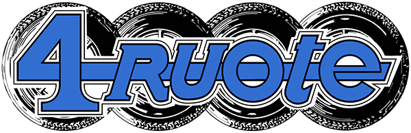 Logo blu "4-Ruote" con contorno bianco, in contrasto con quattro pneumatici neri.