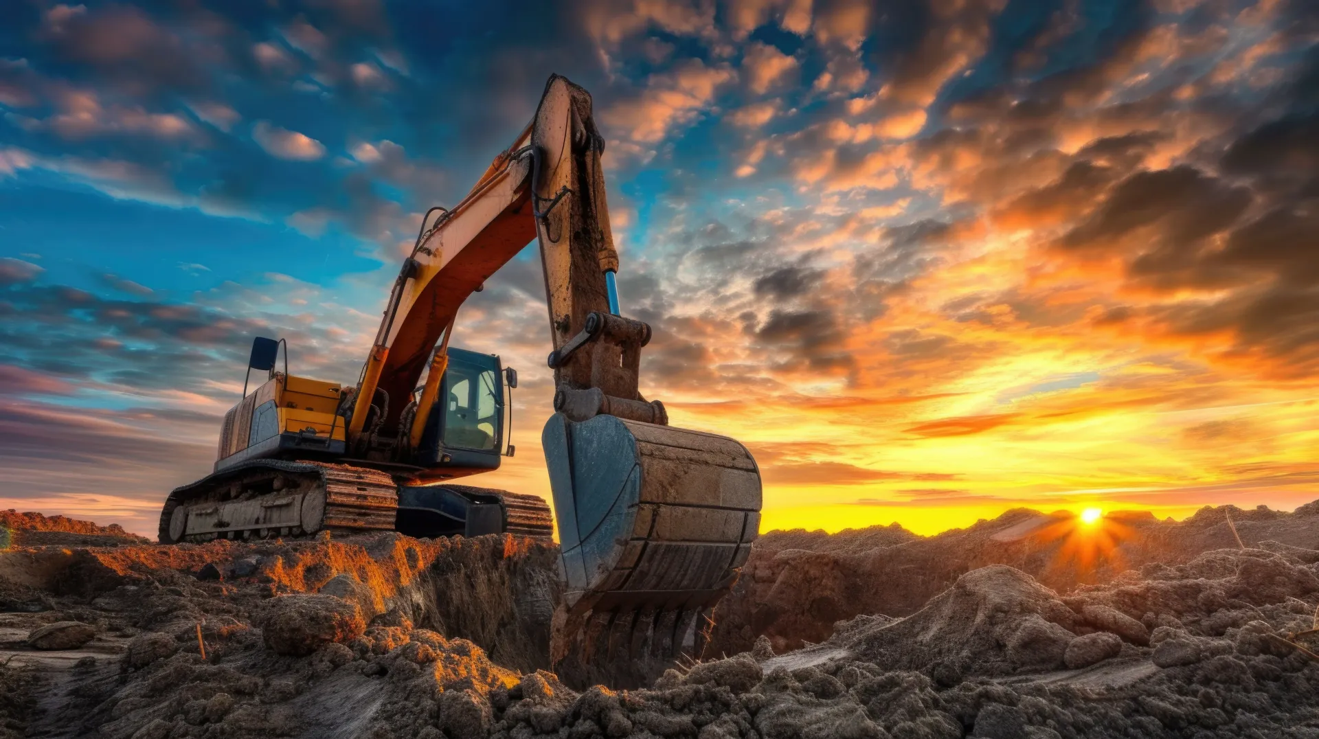 Excavator digging into the ground at a construction site during a vibrant sunset, showing the earthw