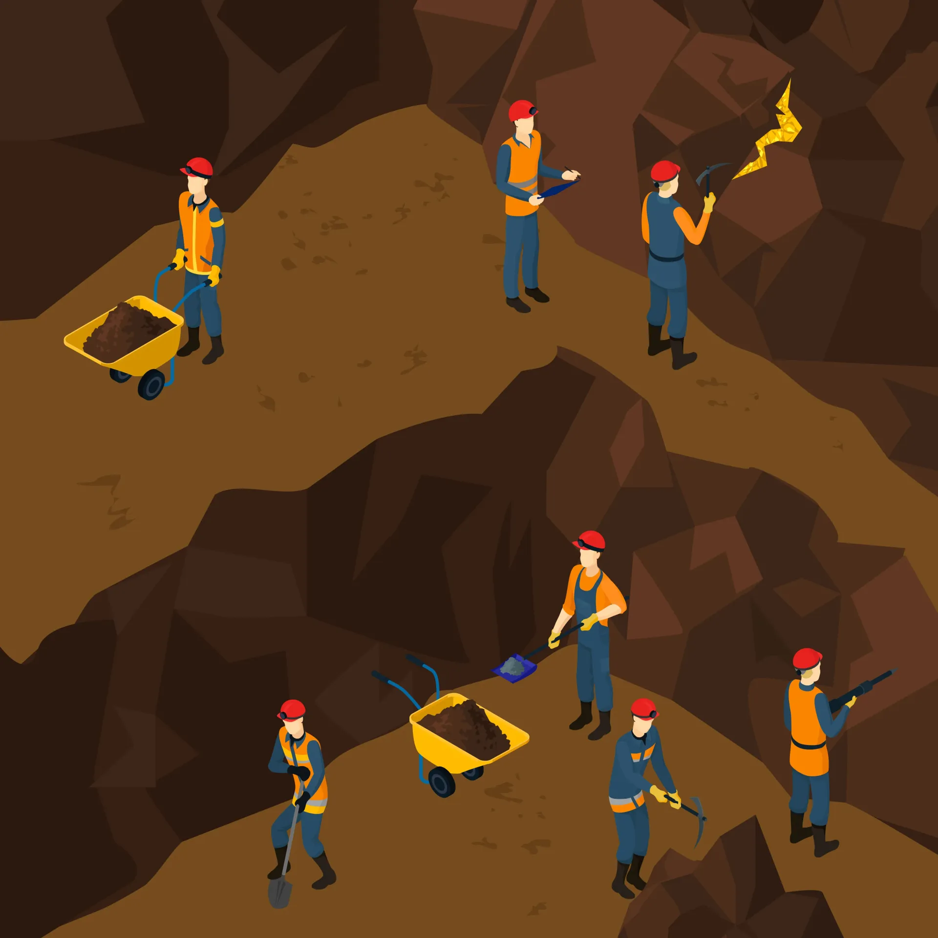 Quarry workers to process crusher run and other construction materials. Workers are seen digging, and transporting materials in a quarry.