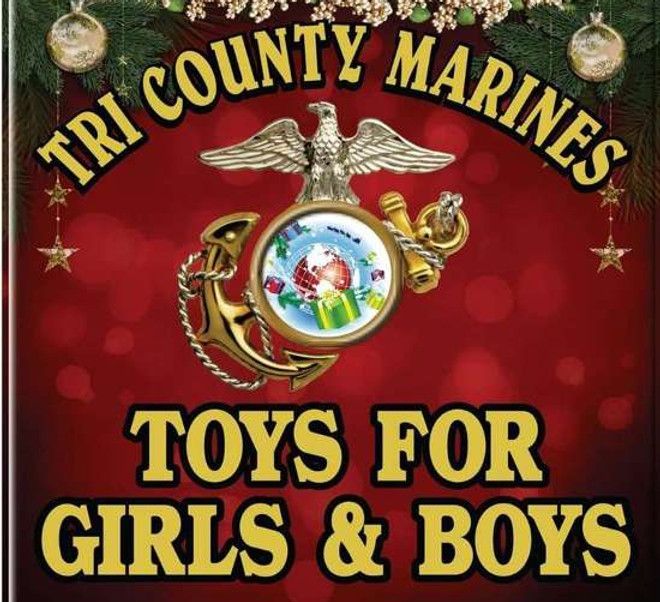 Tri County Marines Toys for Girls & Boys fundraiser. Red background with Marine emblem and text.
