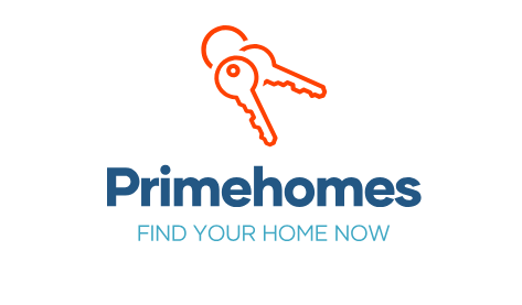 Logo for Primehomes, with orange keys and blue text: 