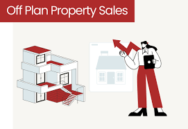 Off plan property sales concept: a building, house plan, person with rising arrow.