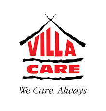 Villa Care logo with red text inside a black house outline; 