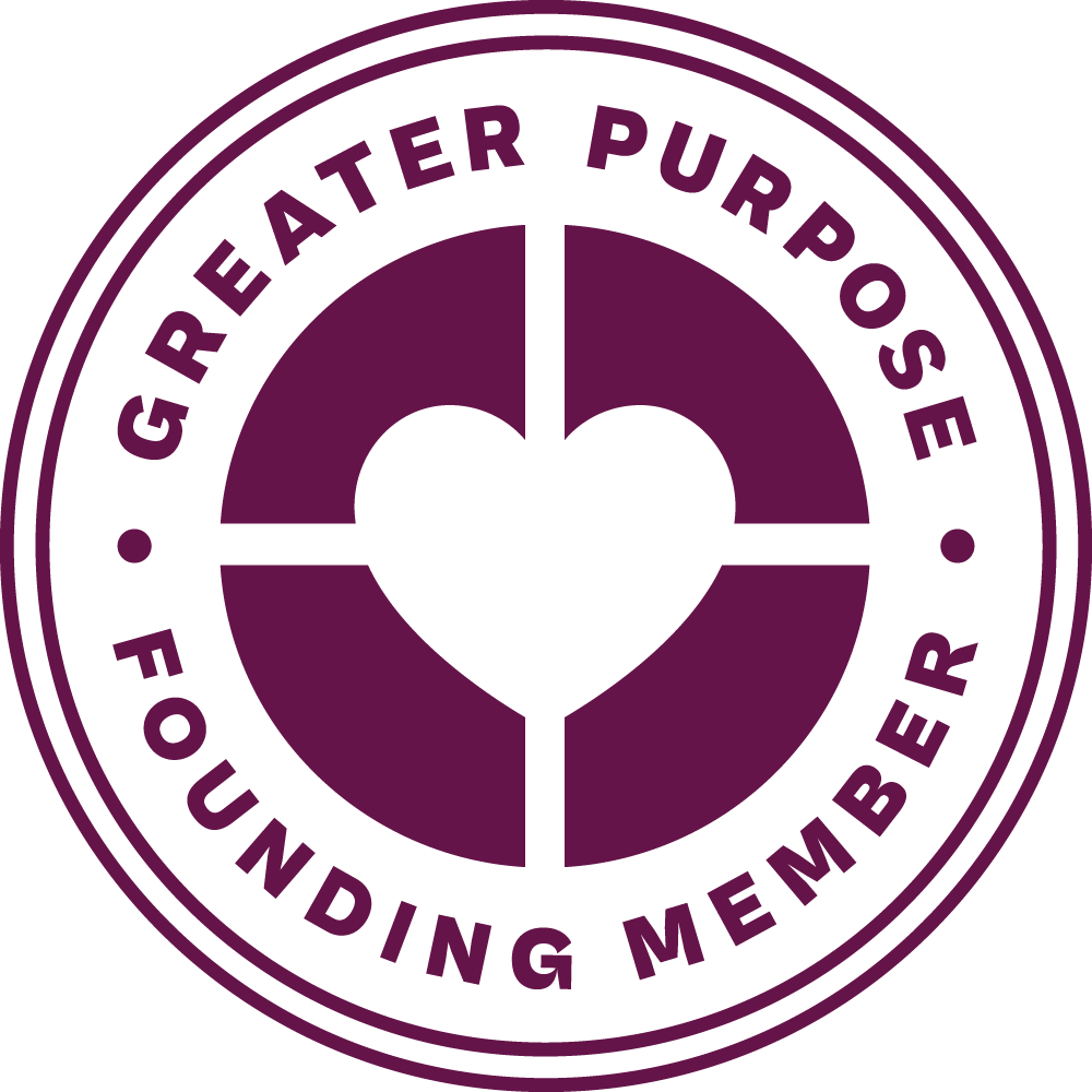 The greater purpose founding member logo is purple and white.