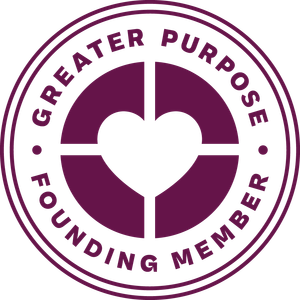 The greater purpose founding member logo is purple and white.
