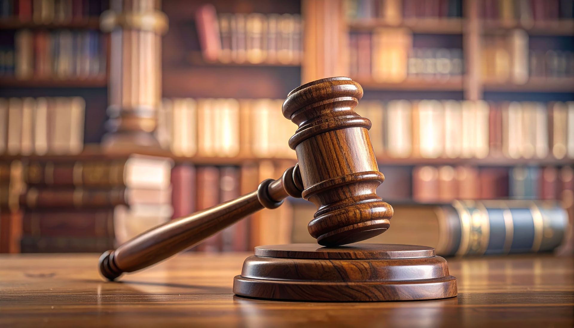 Symbol of legal authority: a wooden gavel rests beside law books in a courtroom.