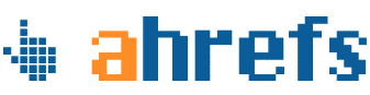 Ahrefs logo: blue and orange pixelated hand icon, followed by blue 