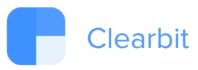 Clearbit logo: Blue square with rounded corners, a lighter blue and white block on bottom-right, with 