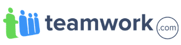 Logo of teamwork. Green and blue figures on the left, 