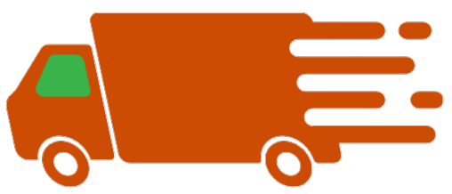 Orange delivery truck with green window, speed lines.