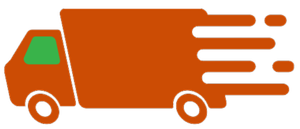 Orange delivery truck with green window, speed lines.