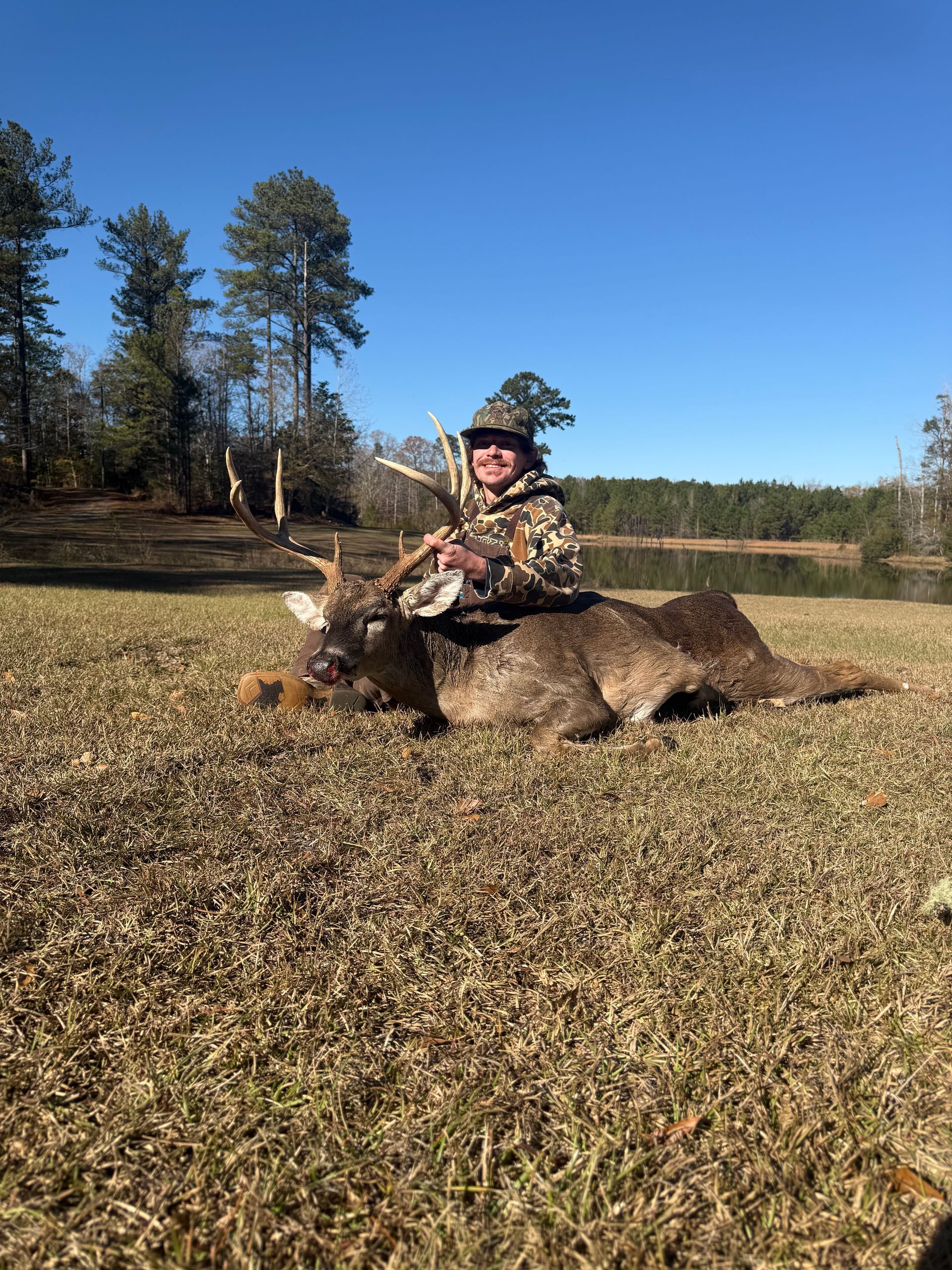 Hunter in camouflage sits with a deer on the ground in a field on a sunny day.