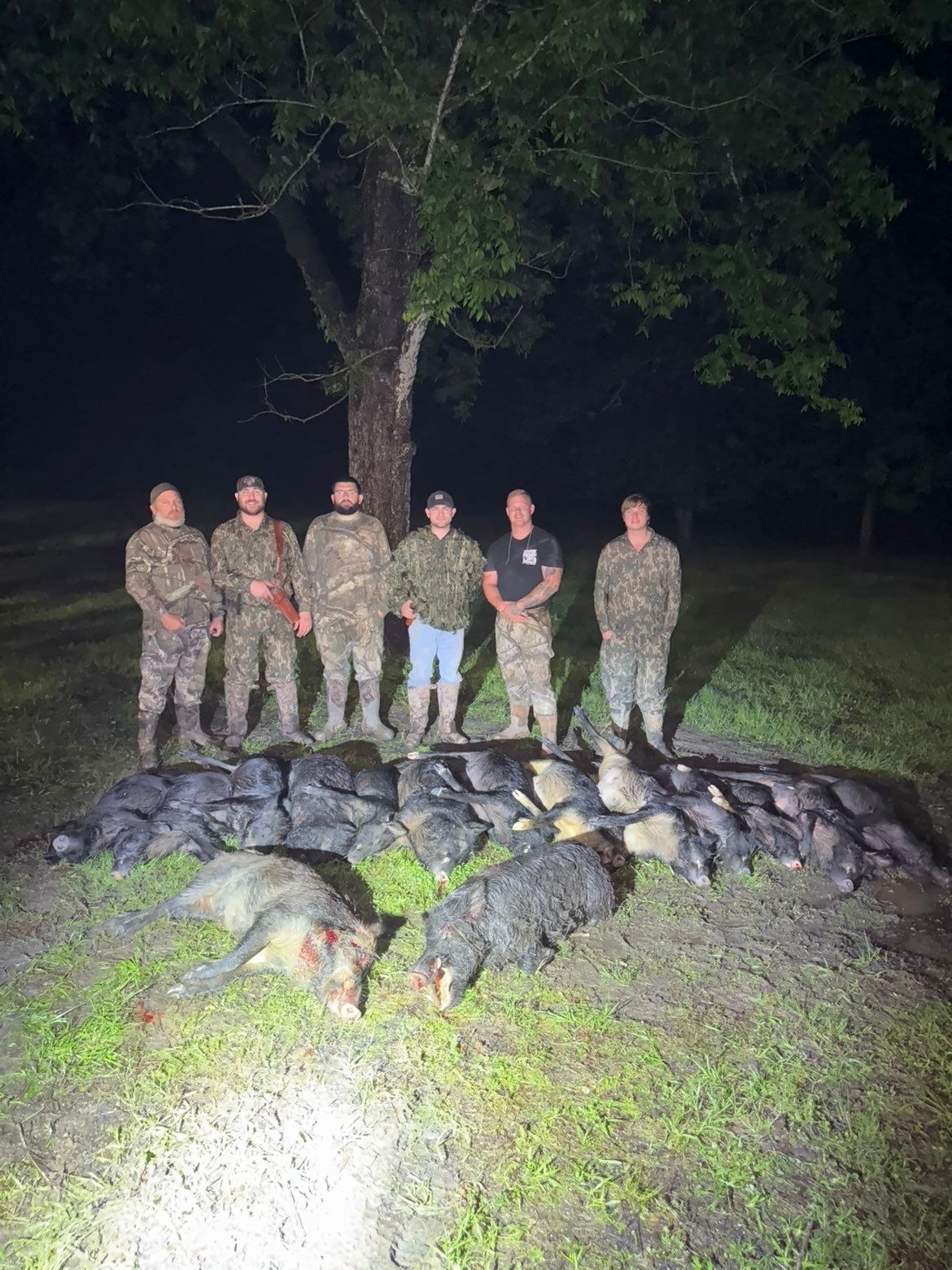 Group of people posing with a pile of dead wild pigs, nighttime setting.