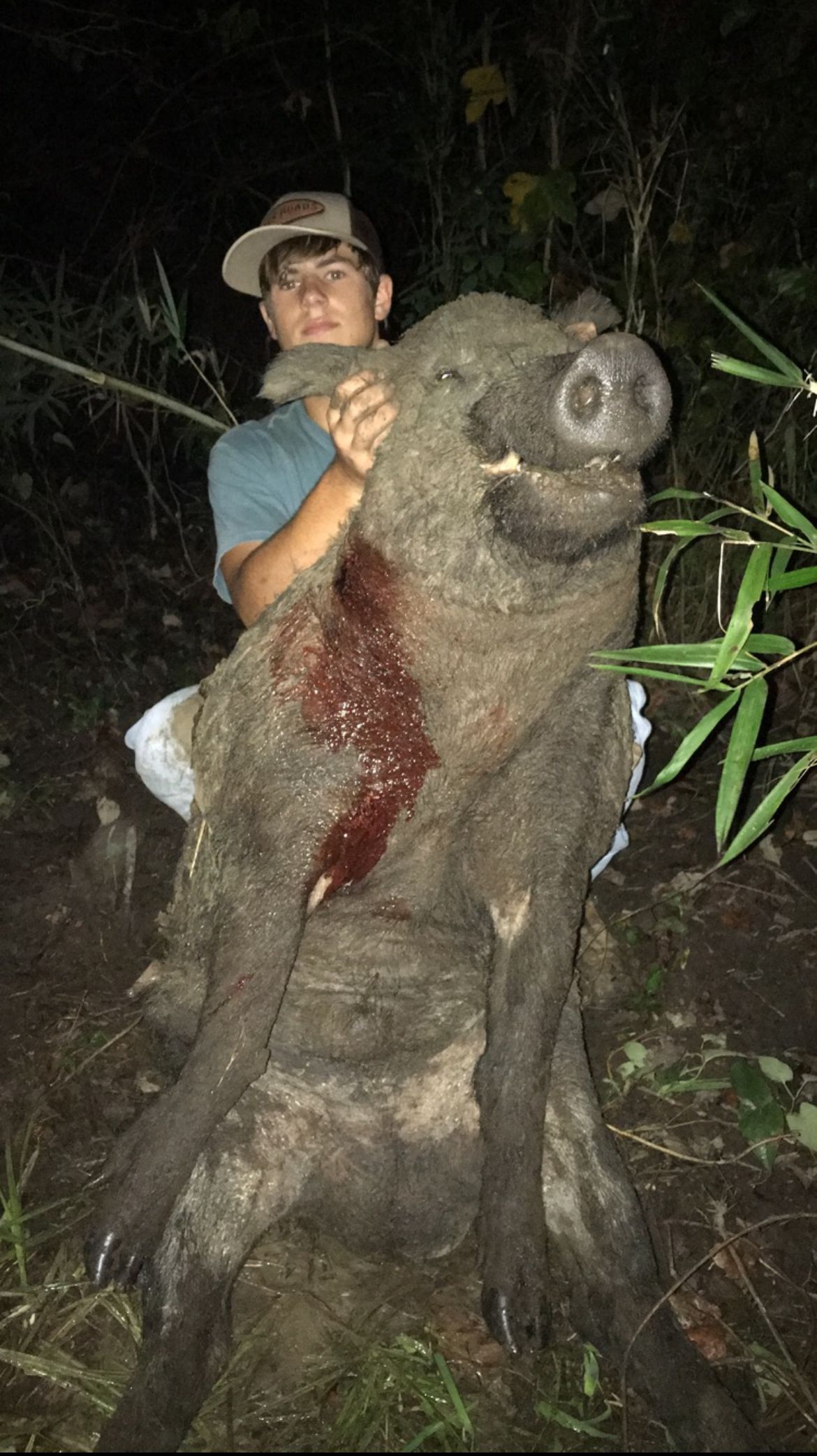 A person holds up a large, deceased wild hog, blood visible on its side, outdoors at night.