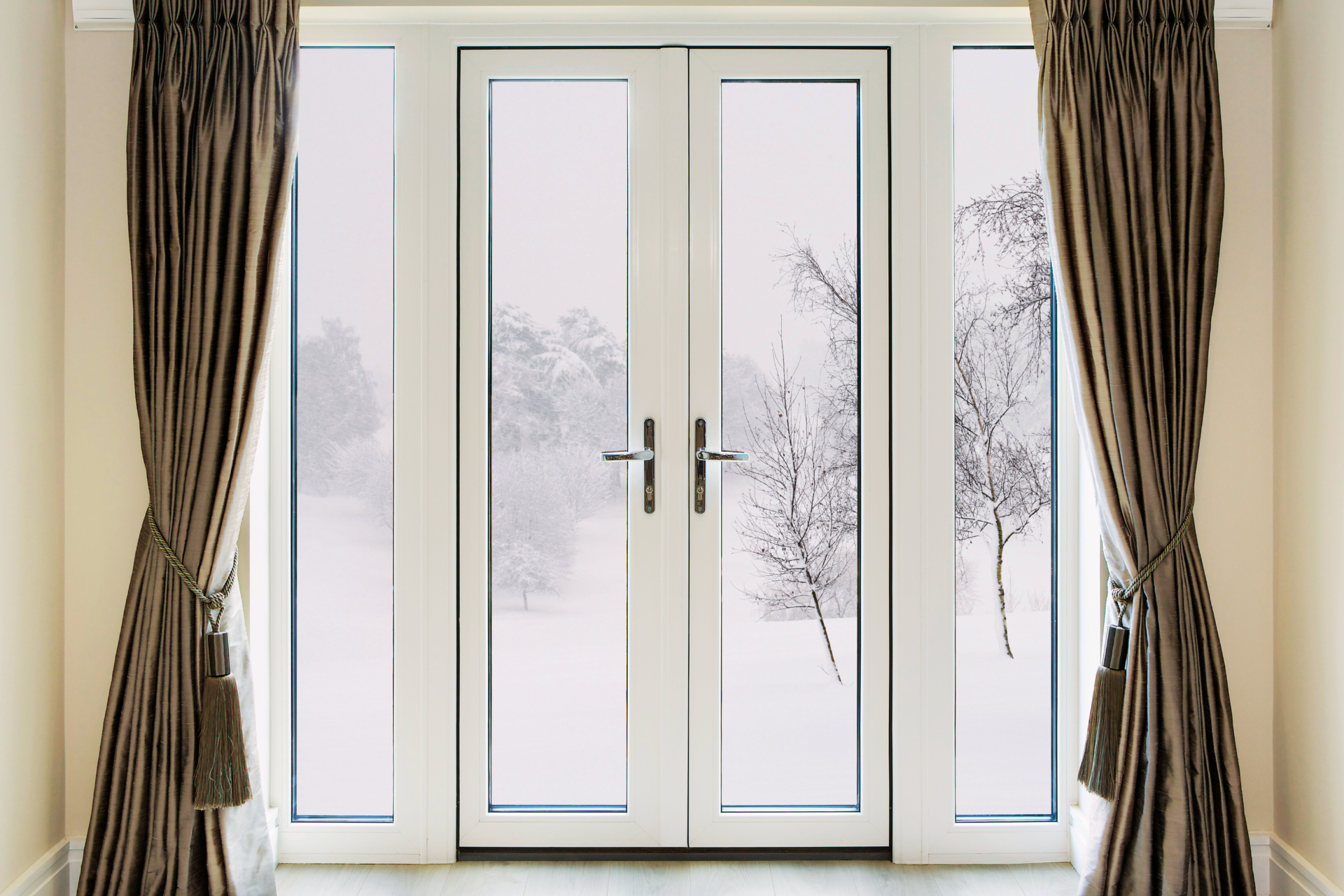 French doors with winter view