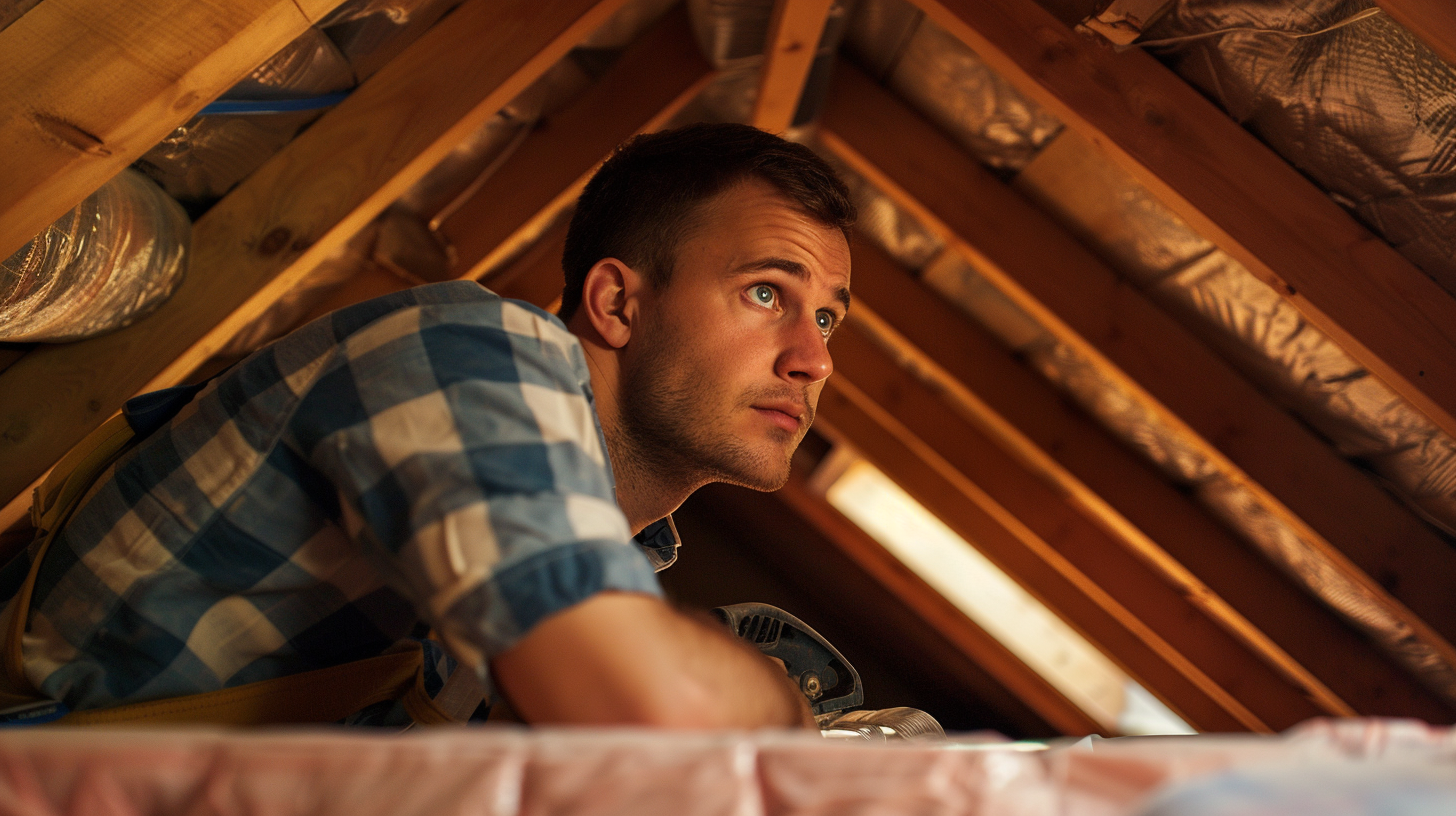 homeowner checking his attic inside his house to look for the small signs of roof leaks on the interior before they become visible on the exterior