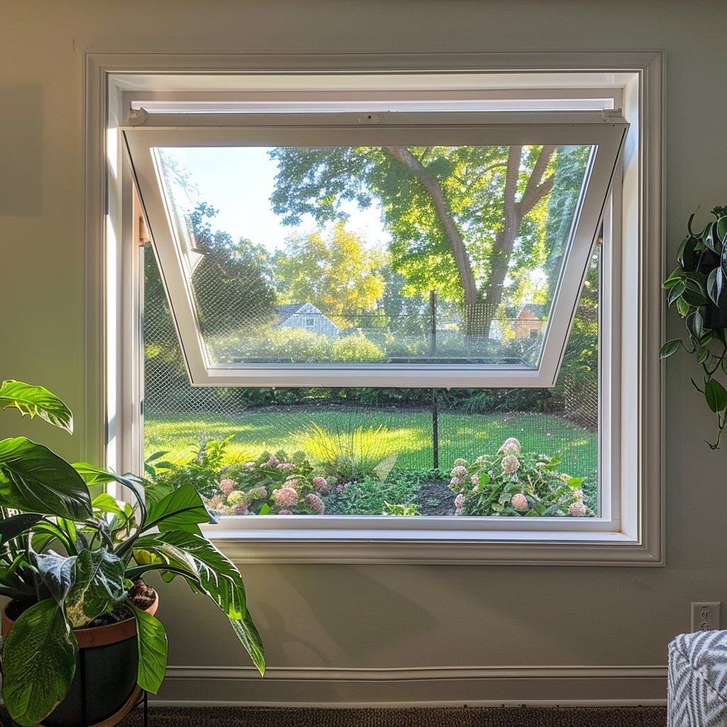 hopper window half-open installed in a cozy, well-lit basement, with outside greenery in the backyard