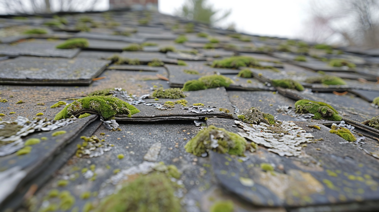 small patches of moss on standard roofing shingles are beginning to cause damage to the roof
