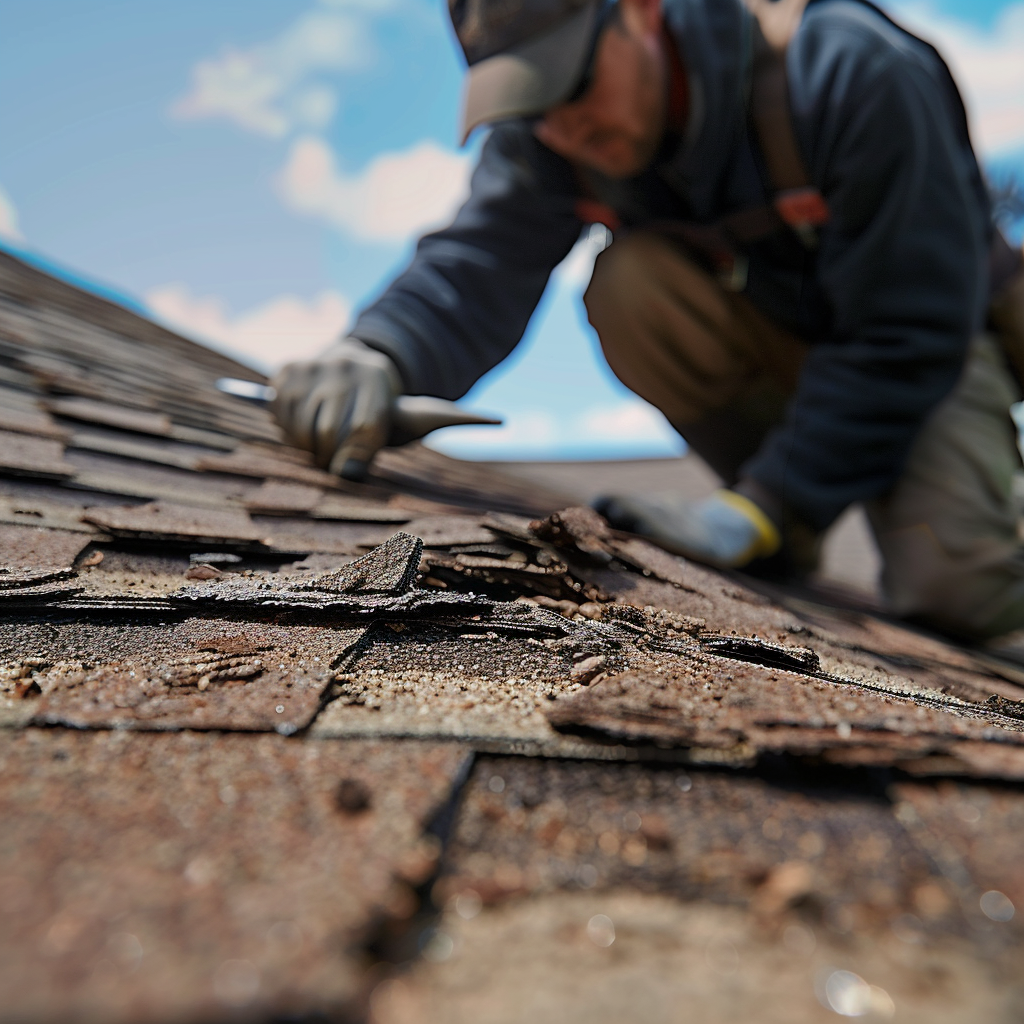 up-close view of a roofing inspector uncovering hidden damage