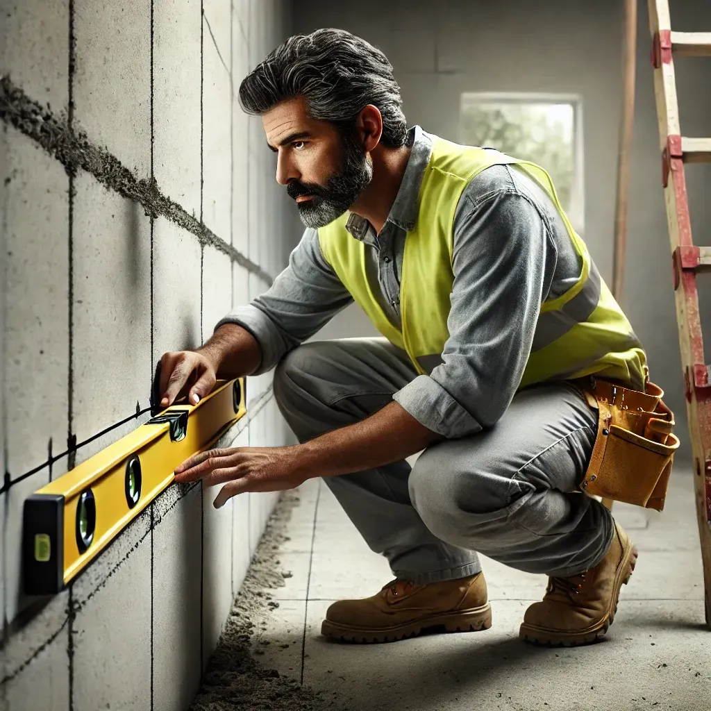 A man is measuring a wall with a level