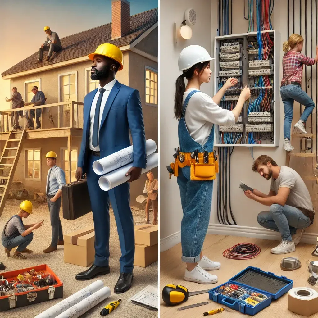 A man in a suit and tie is standing next to a woman in overalls.