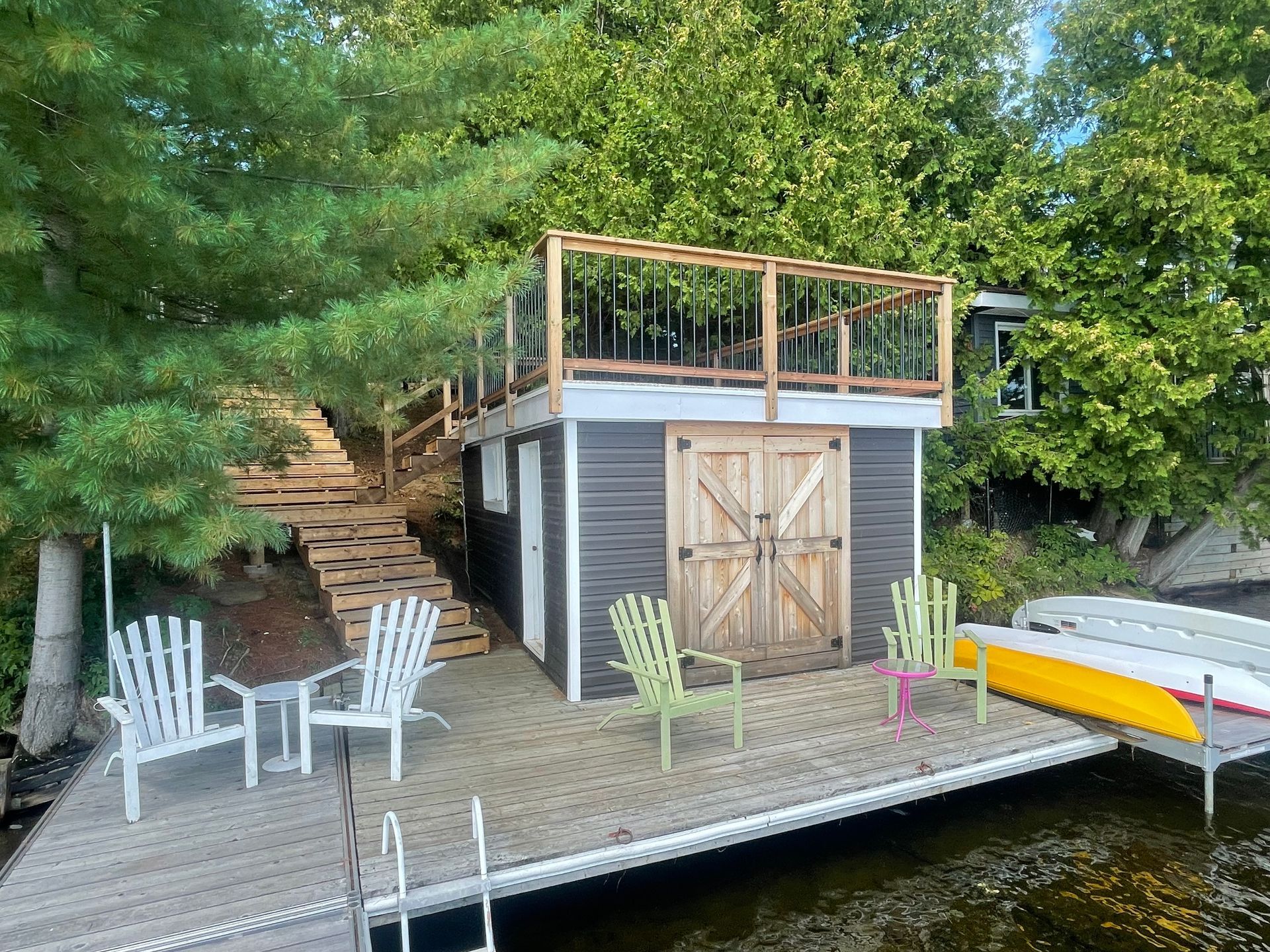 An aerial view of a wooden deck with stairs