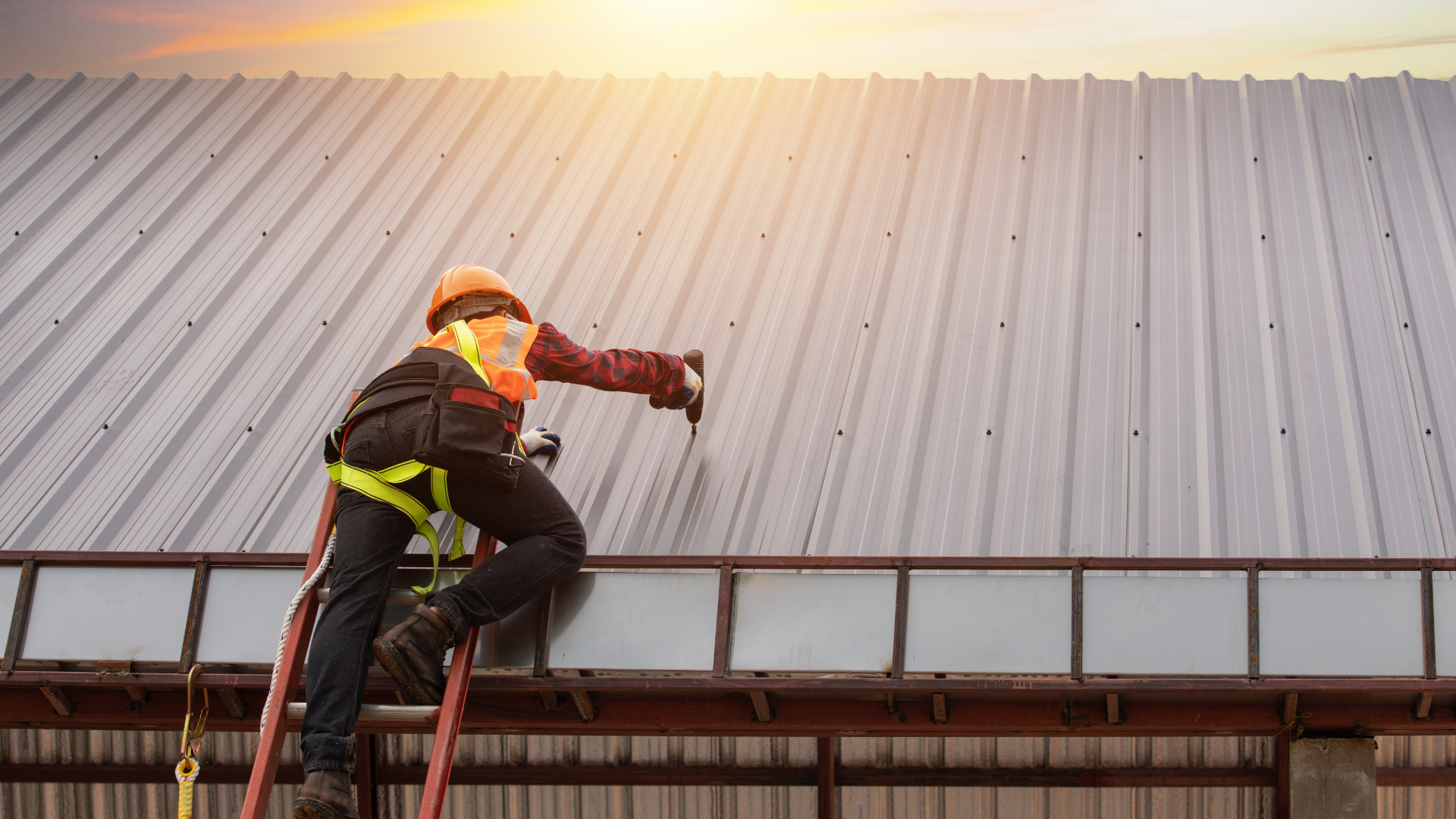 A man is climbing a ladder on top of a metal roof.