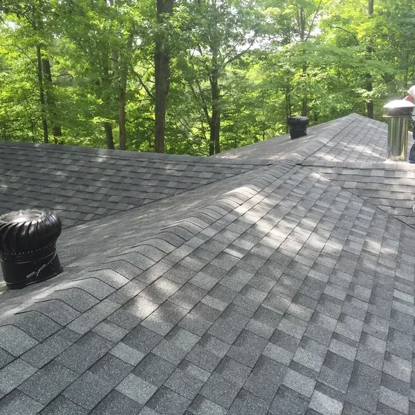 A roof with a lot of shingles and trees in the background.