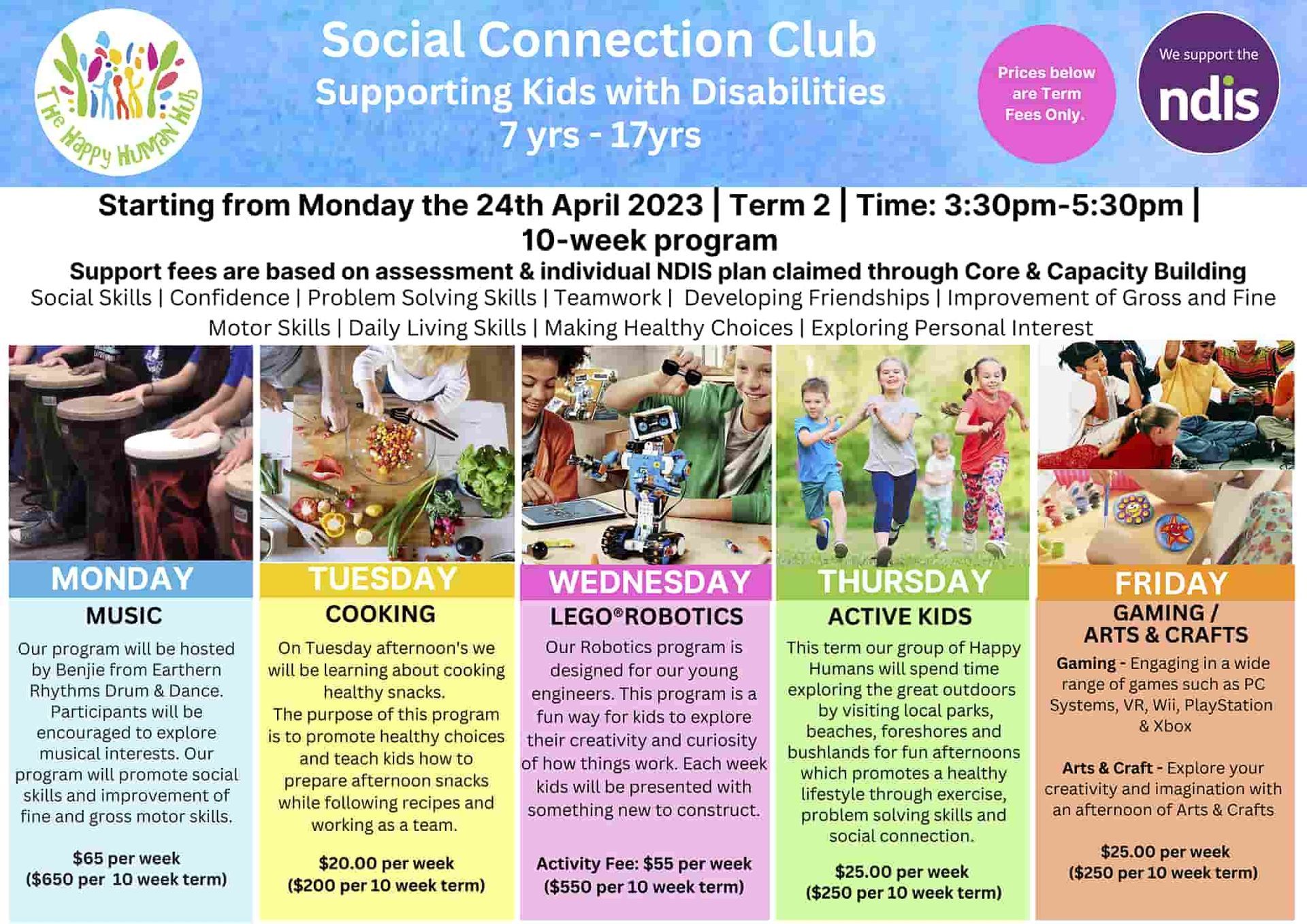 Social Connection Club Term 2 Weekly Flyer — Disability Support Services in Boolaroo, NSW