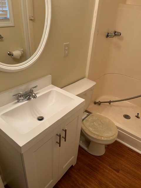 New Vanity, white, and wood Vinyl floors