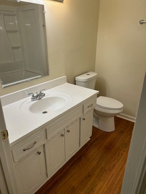 New Vanity, white, and wood Vinyl floors