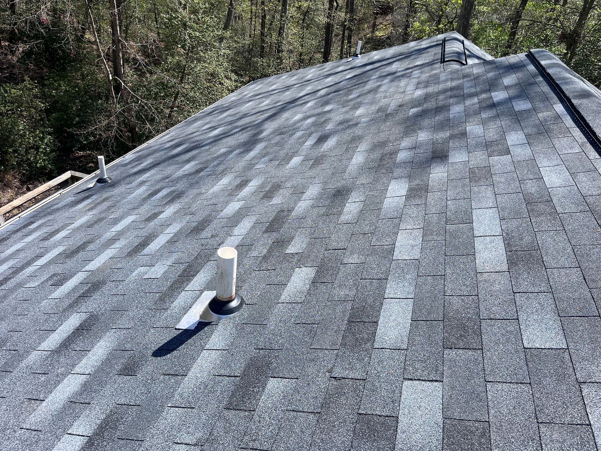 Gray asphalt shingle roof with two white vent pipes, trees in background.